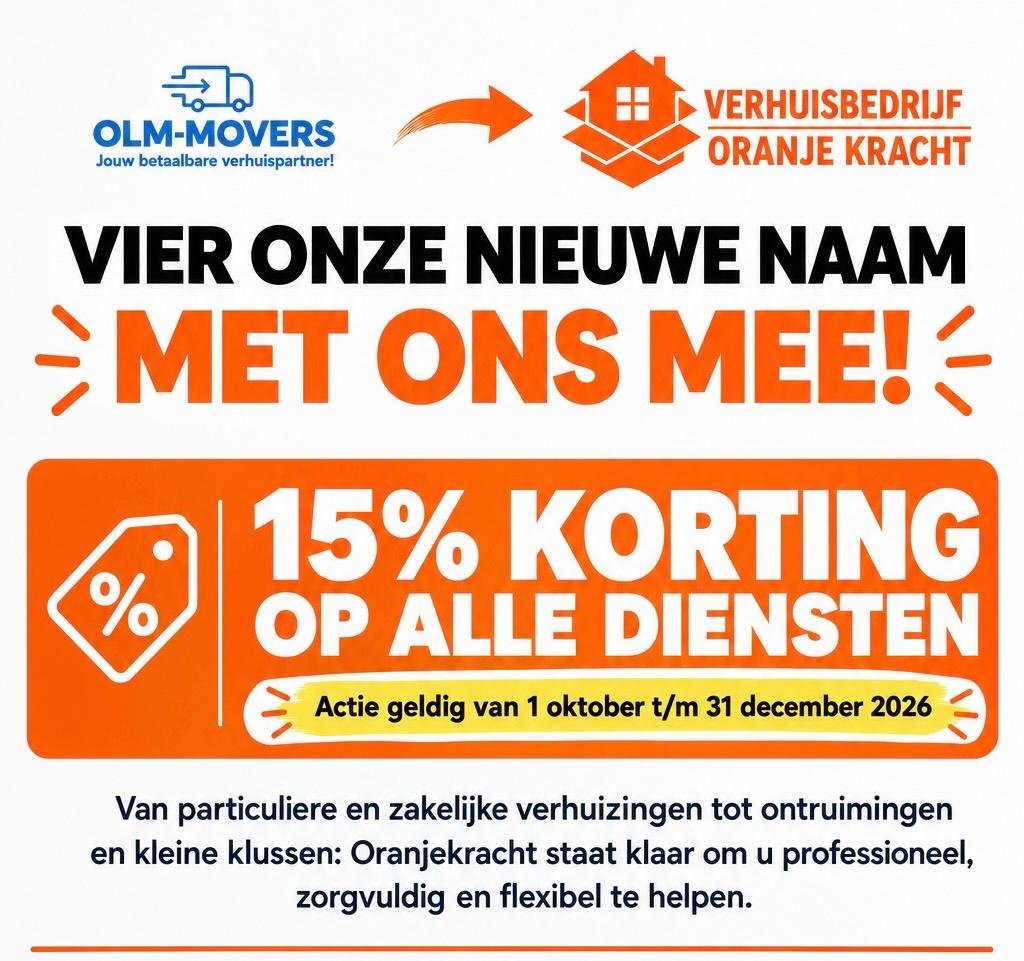 OLM Movers gaat verder als Verhuisbedrijf Oranjekracht: 15% korting op alle diensten van 1 oktober tot en met 31 december 2026